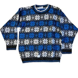 Vtg 80's Blue and White Snowflake Striped Pattern Crewneck Sweater Unisex Sz M